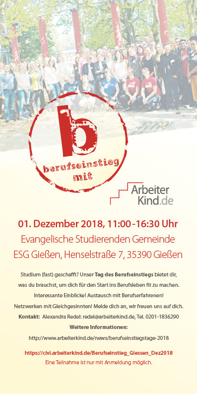 Flyer zur Berufseinstiegsveranstaltung in Gießen - Vorderansicht