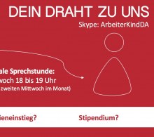 Flyer "Dein Draht zur Sprechstunde" mit den Infos jeden 2. Mittwoch im Monat von 18 bis 19 Uhr über Skype mit ArbeiterKindDA 